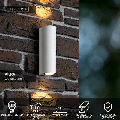 Lucide AKRA - Wandleuchte Innen/Außen - LED - 2x6,5W 2700K - IP54 - Weiß